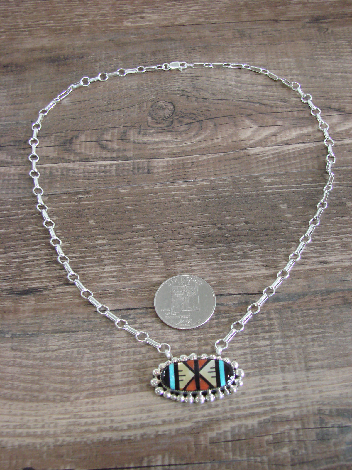 Native American Sterling Silver Multi Stone Inlay Link Necklace - Qualo