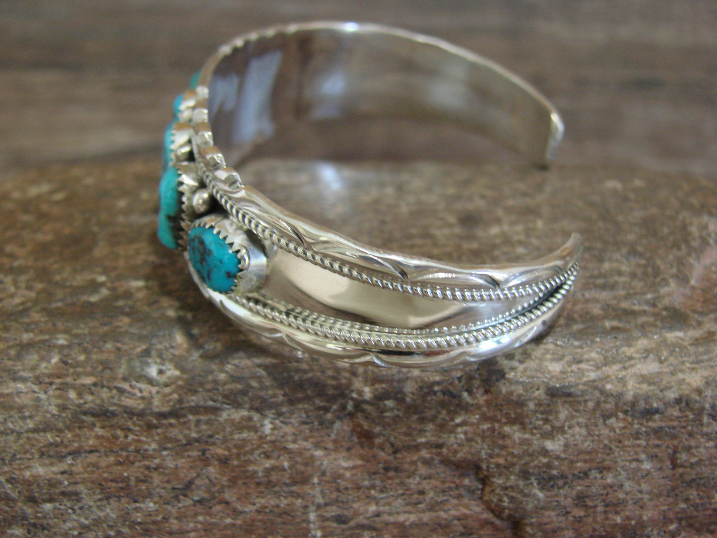 Native American Sterling Silver & Turquoise Row Bracelet by White Goat