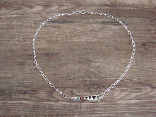 Native American Sterling Silver 18" Multi Stone Inlay Link Necklace - Qualo