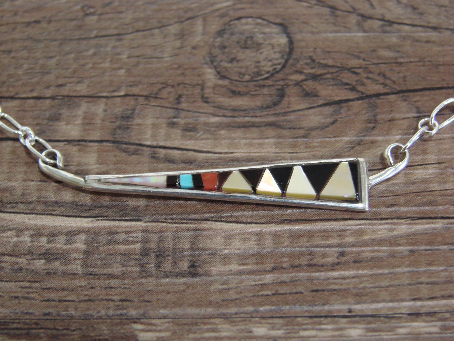 Native American Sterling Silver 18" Multi Stone Inlay Link Necklace - Qualo