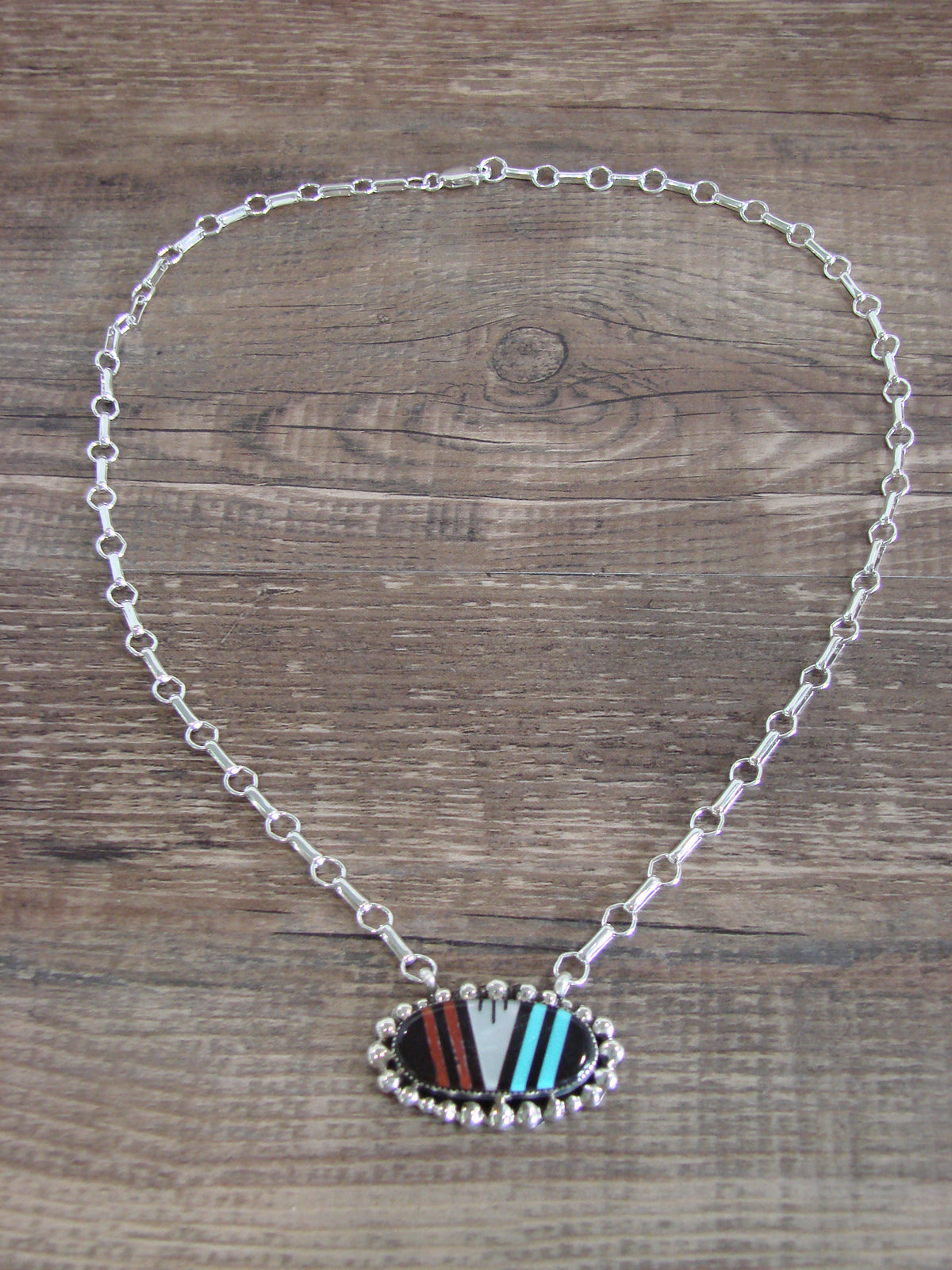 Native American Sterling Silver Multi Stone Inlay Link Necklace - Qualo