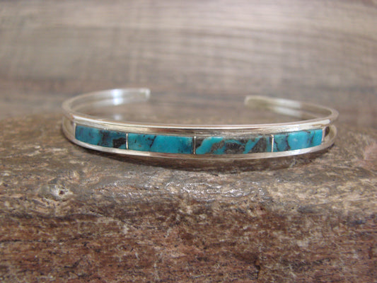 Native American Sterling Silver Turquoise Inlay Row Cuff Bracelet - Johnson