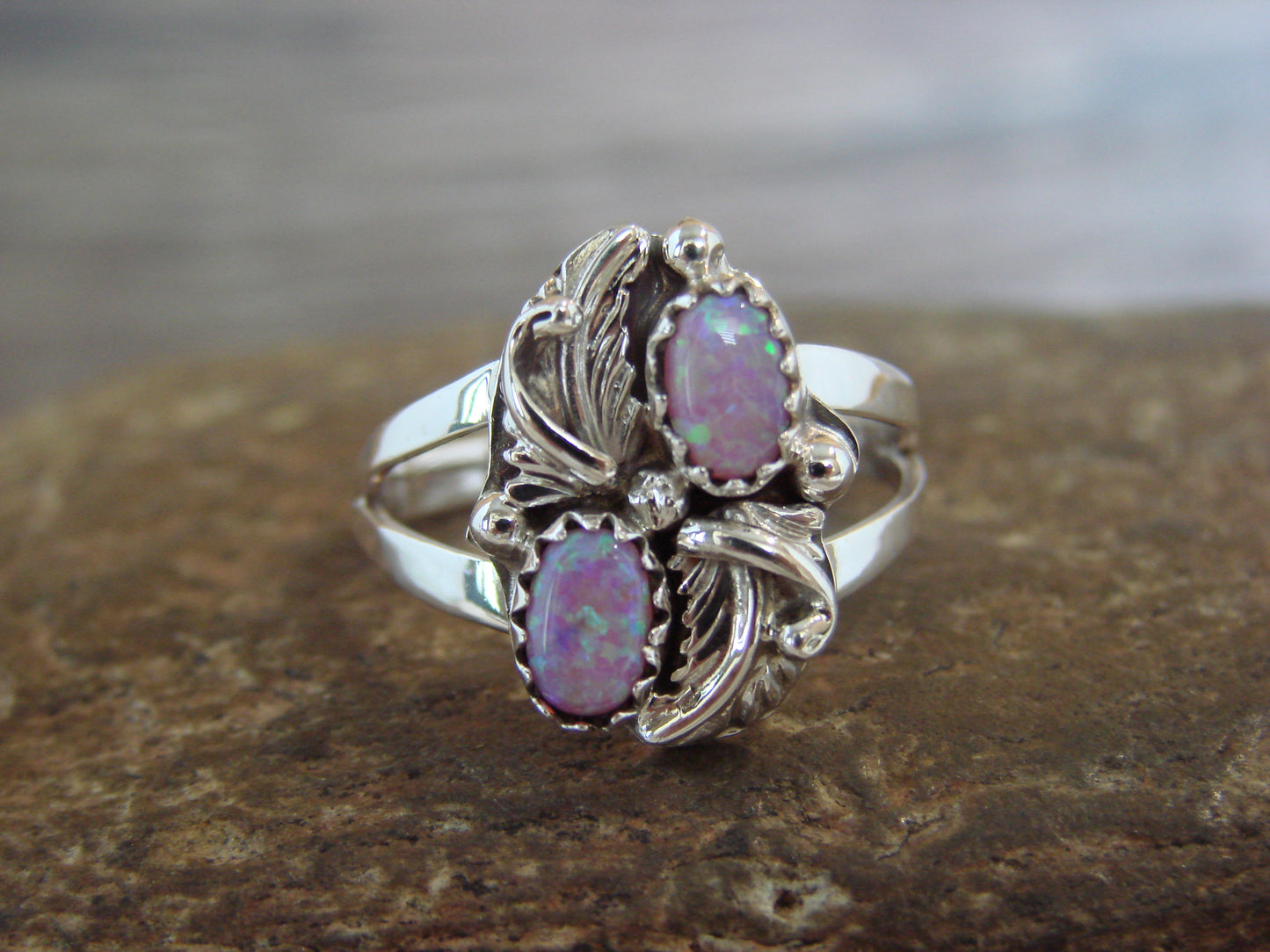 Native American Sterling Silver Pink Opal Feather Ring - Chiquito - Size 8