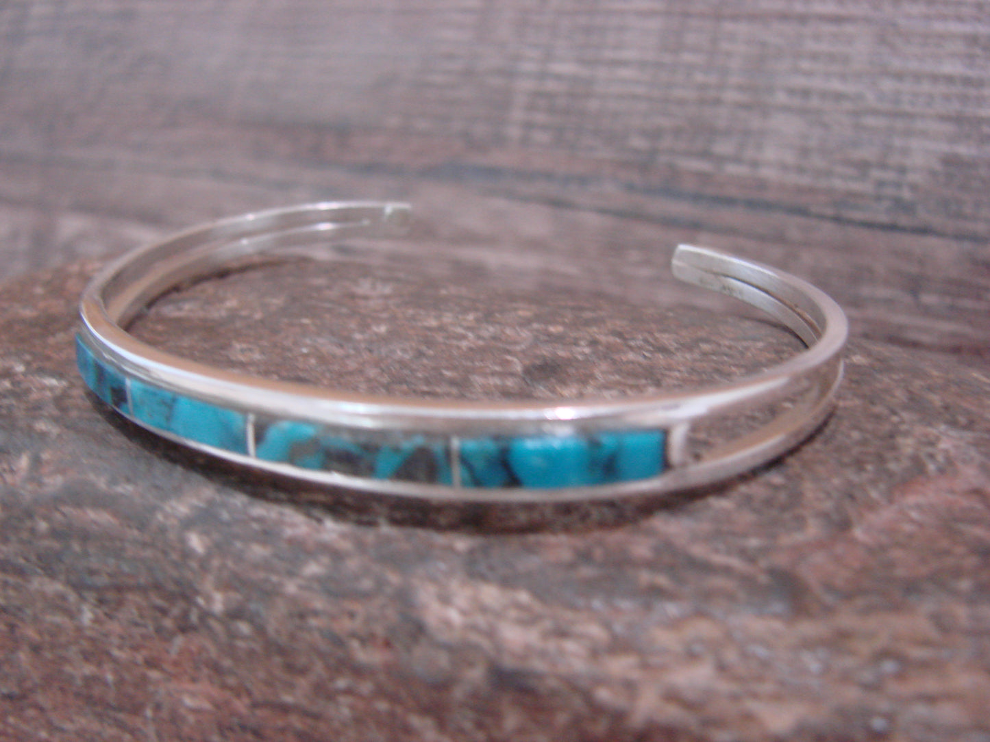 Native American Sterling Silver Turquoise Inlay Row Cuff Bracelet - Johnson