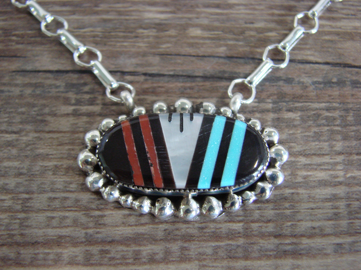Native American Sterling Silver Multi Stone Inlay Link Necklace - Qualo