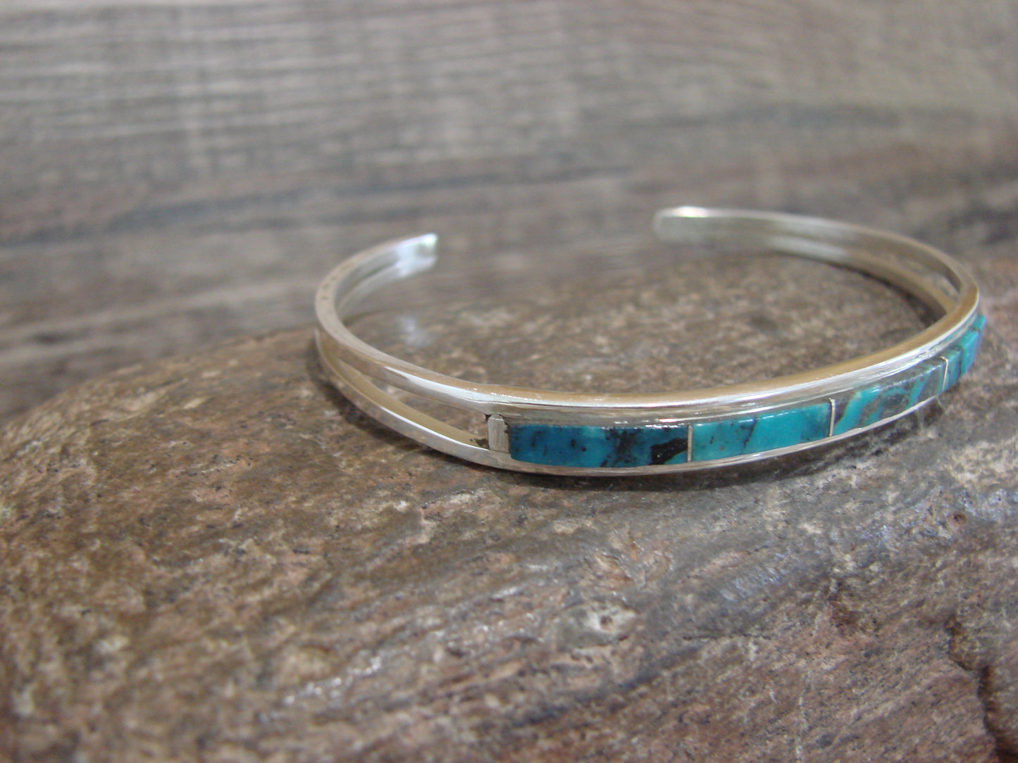 Native American Sterling Silver Turquoise Inlay Row Cuff Bracelet - Johnson