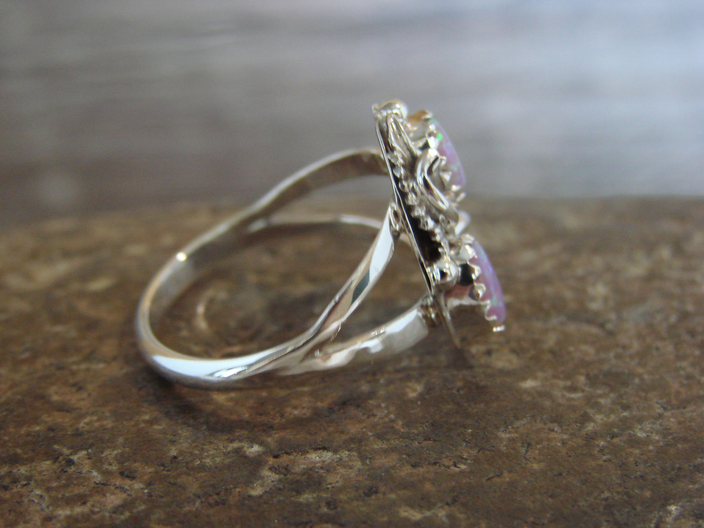 Native American Sterling Silver Pink Opal Feather Ring - Chiquito - Size 8