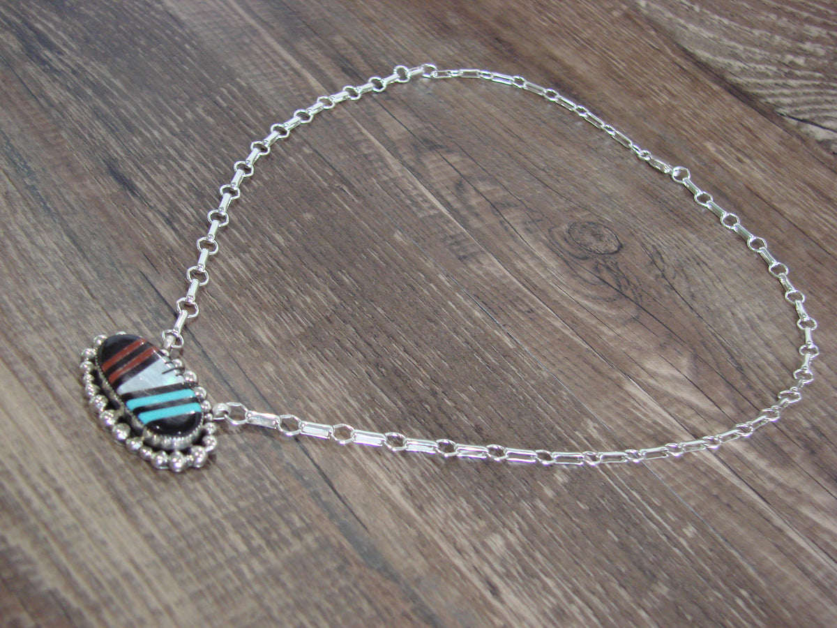 Native American Sterling Silver Multi Stone Inlay Link Necklace - Qualo