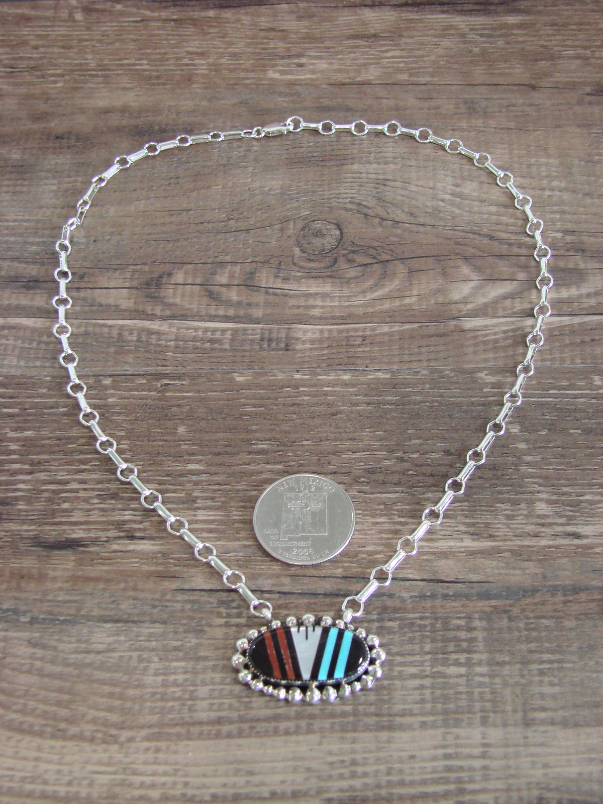 Native American Sterling Silver Multi Stone Inlay Link Necklace - Qualo