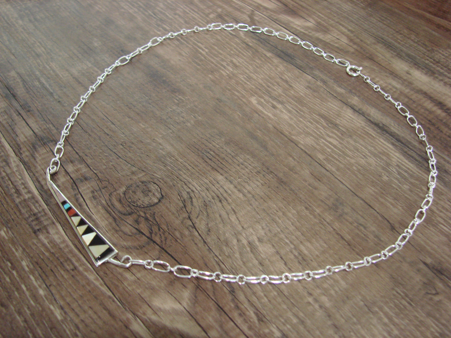 Native American Sterling Silver 18" Multi Stone Inlay Link Necklace - Qualo