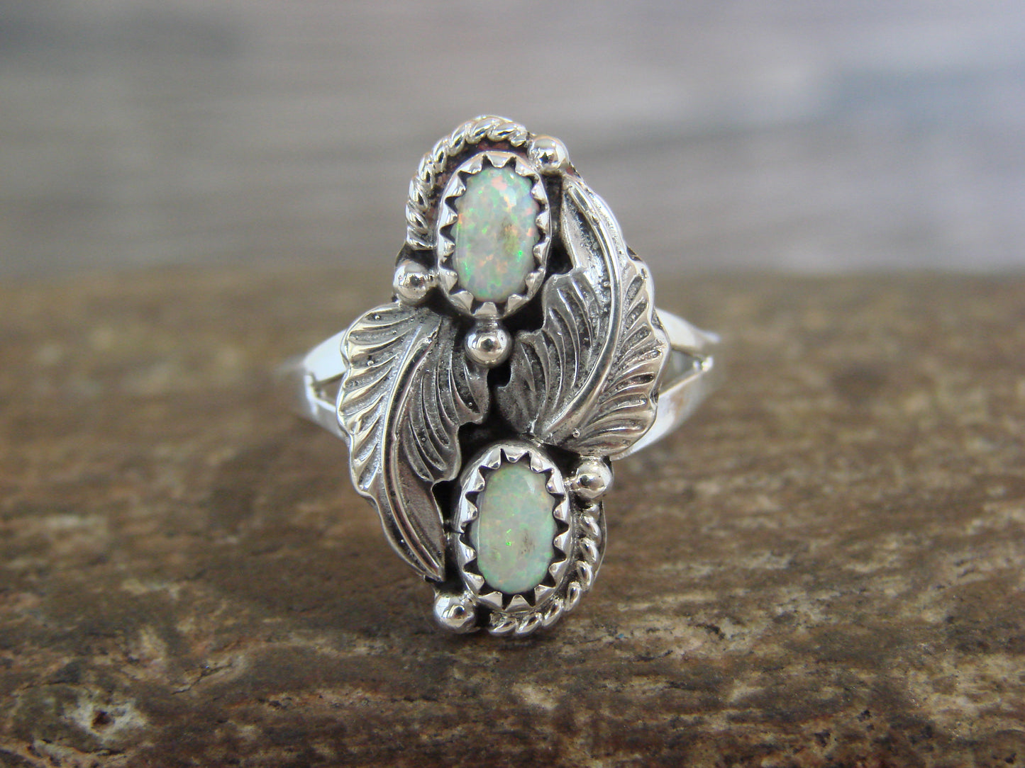 Native American Sterling Silver White Opal Feather Ring - Henio - Size 8