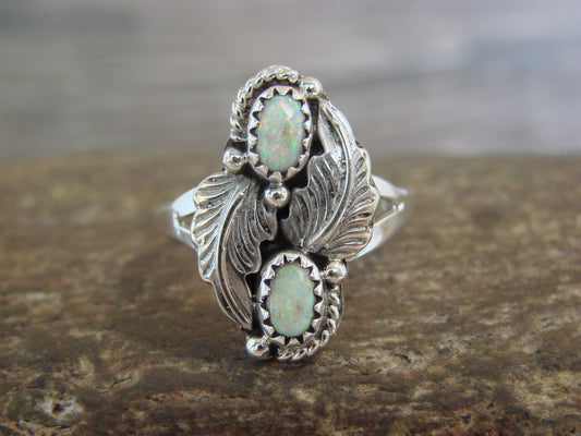 Native American Sterling Silver White Opal Feather Ring - Henio - Size 5.5