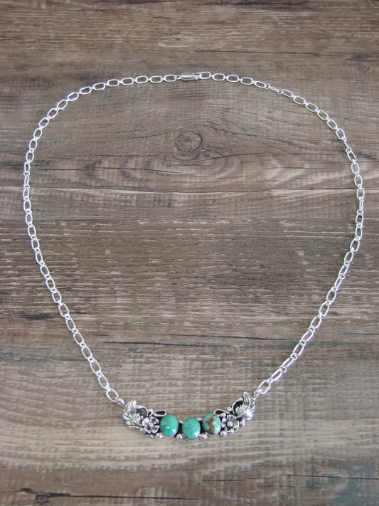 Native American Sterling Silver & Turquoise Floral Link Necklace - Burnside