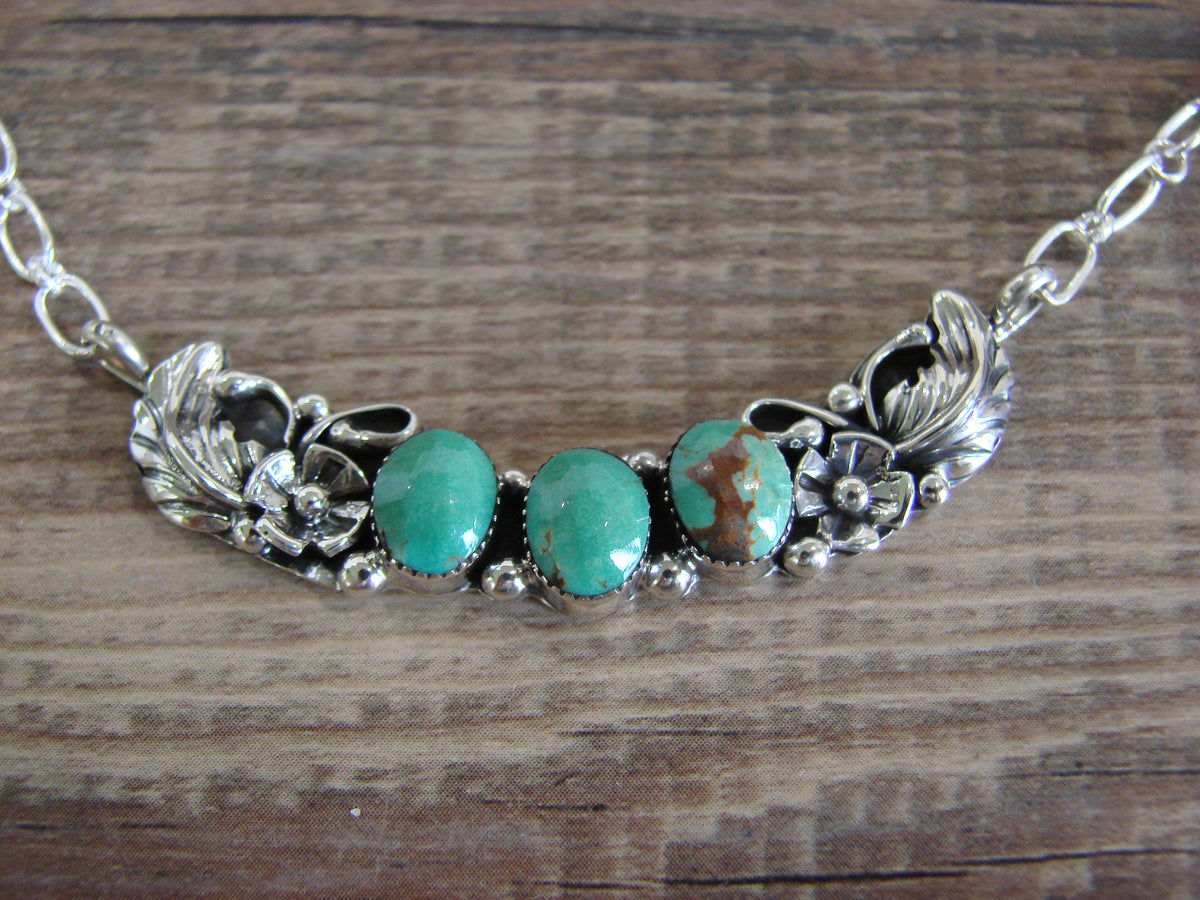Native American Sterling Silver & Turquoise Floral Link Necklace - Burnside