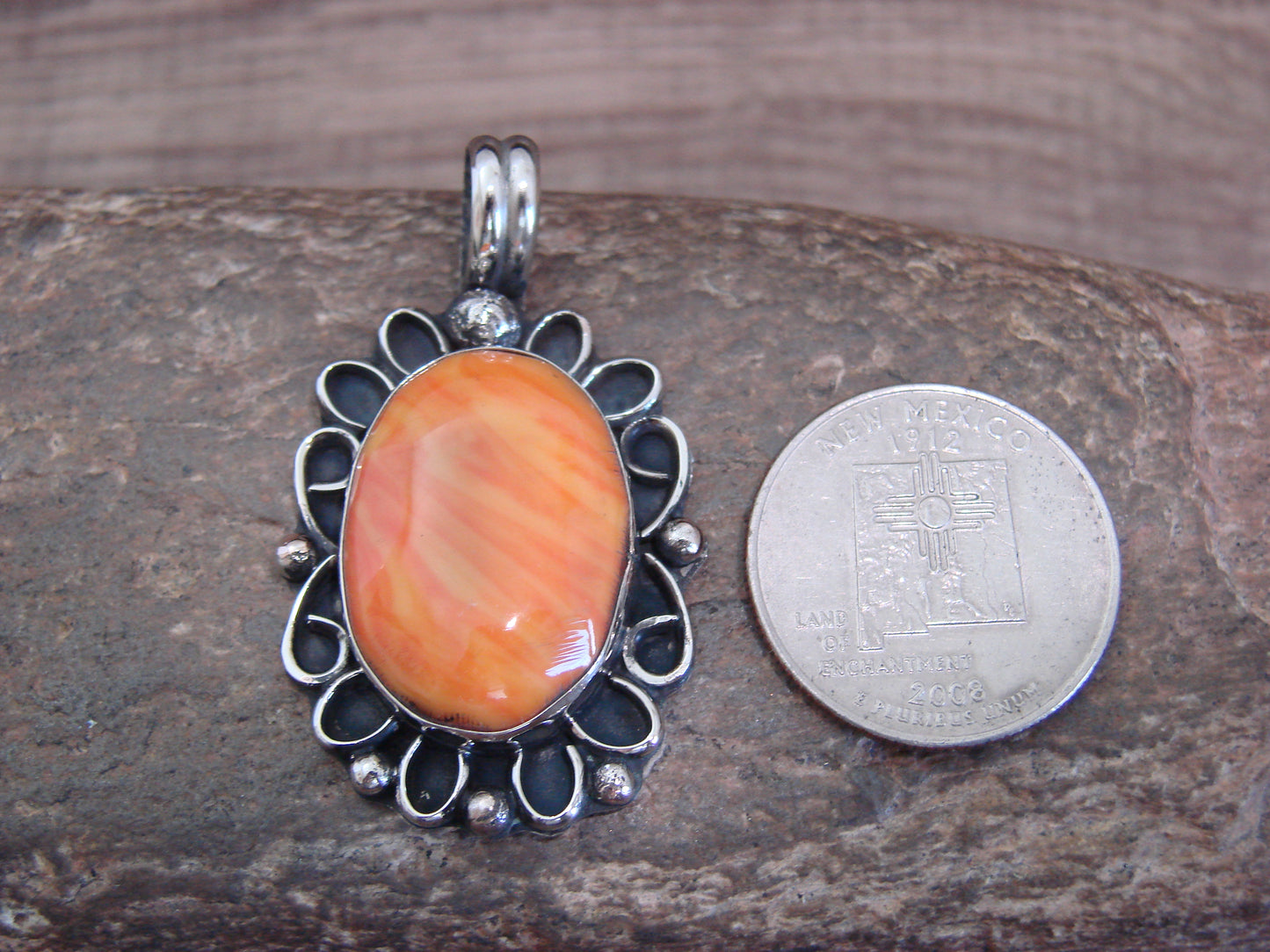 Native American Nickel Silver & Spiny Oyster Pendant - Cleveland