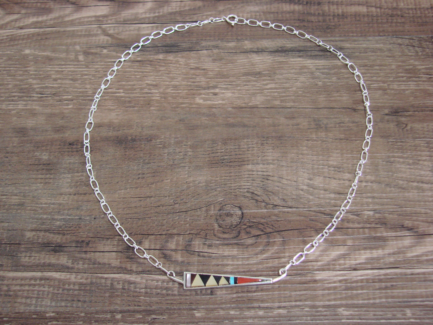 Native American Sterling Silver 18" Multi Stone Inlay Link Necklace - Qualo