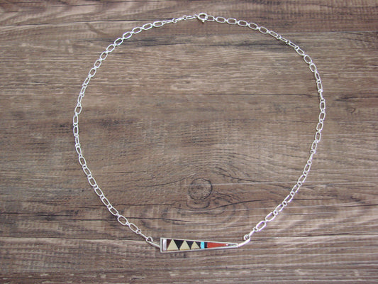 Native American Sterling Silver 18" Multi Stone Inlay Link Necklace - Qualo