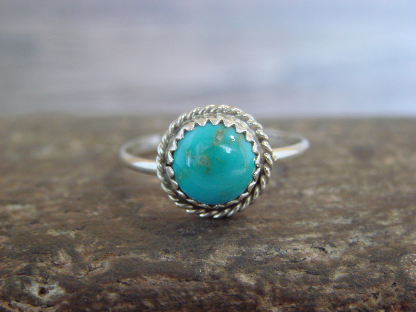 Native American Sterling Silver Round Turquoise Ring by White- Size 8