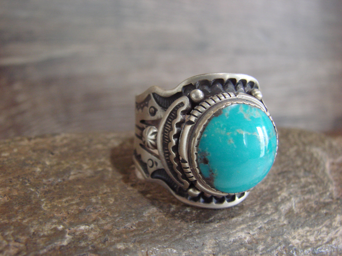Native American Sterling Silver & Turquoise Ring - Lee - Size 14.5