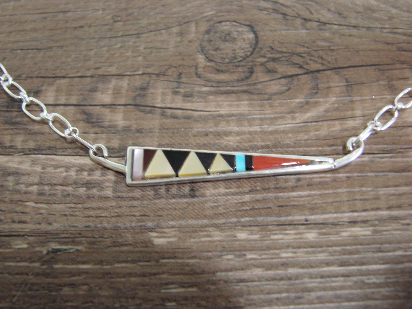 Native American Sterling Silver 18" Multi Stone Inlay Link Necklace - Qualo