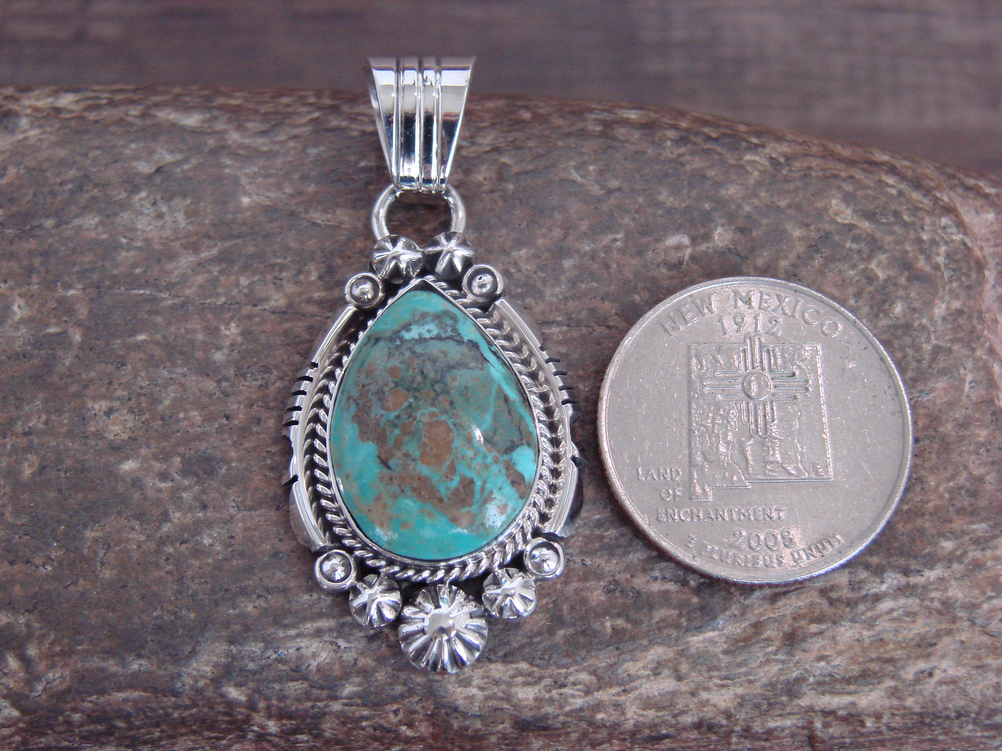 Native American Sterling Silver & Sonoran Turquoise Pendant - Benally