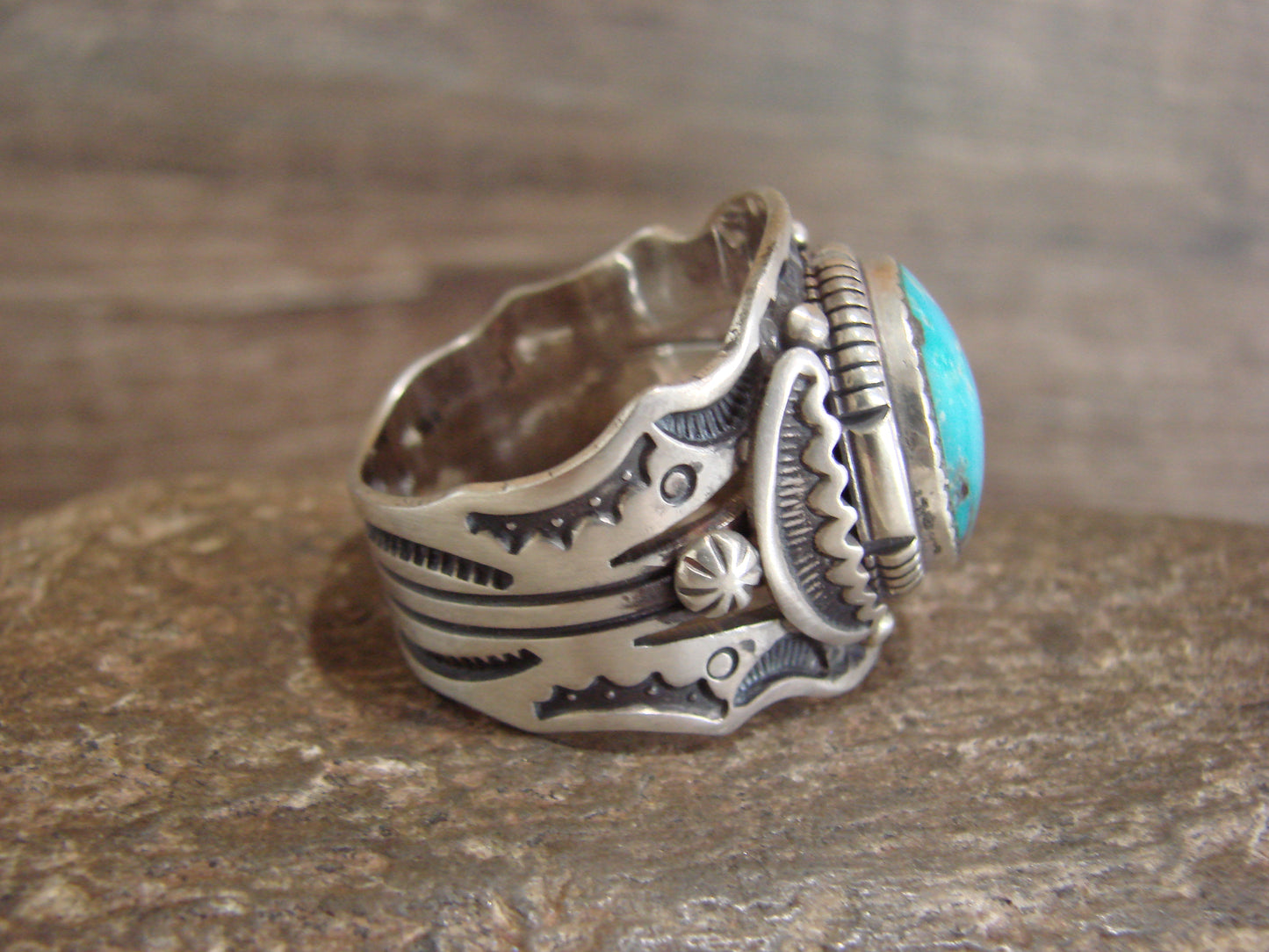 Native American Sterling Silver & Turquoise Ring - Lee - Size 14.5