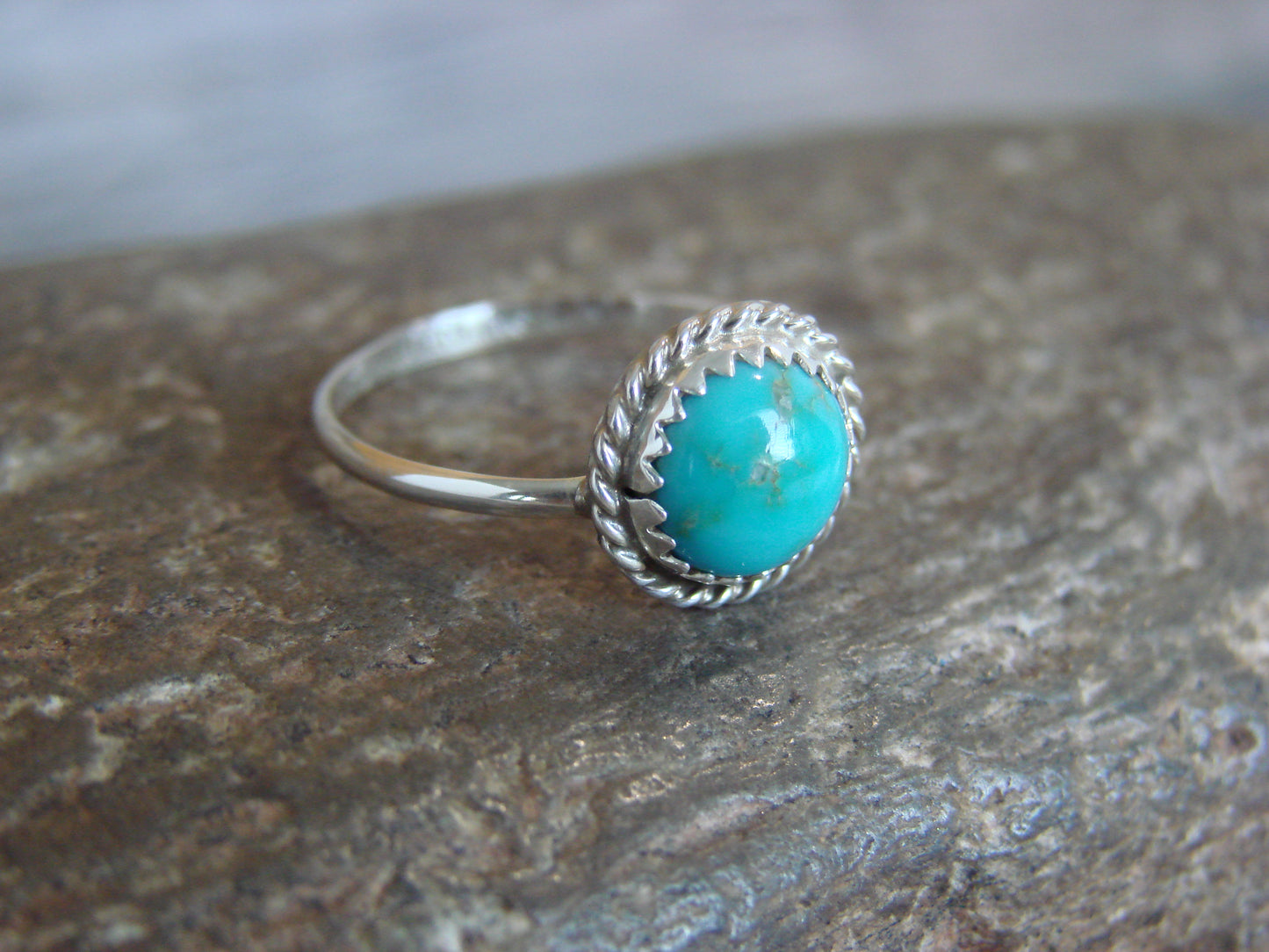 Native American Sterling Silver Round Turquoise Ring by White- Size 8