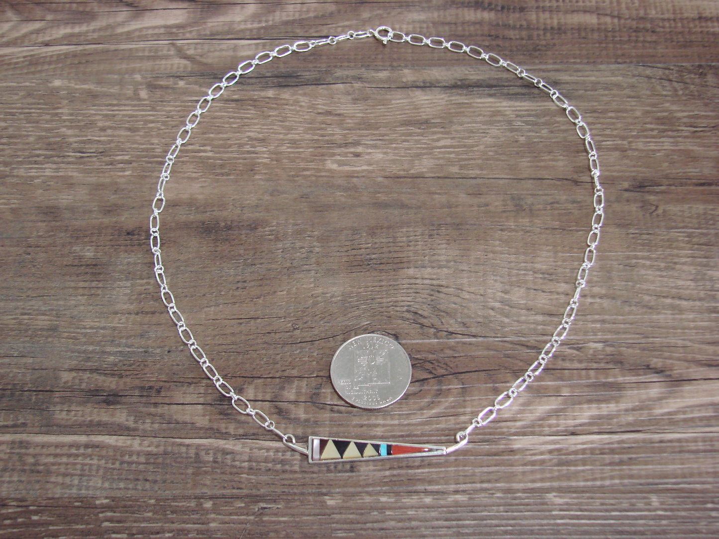 Native American Sterling Silver 18" Multi Stone Inlay Link Necklace - Qualo