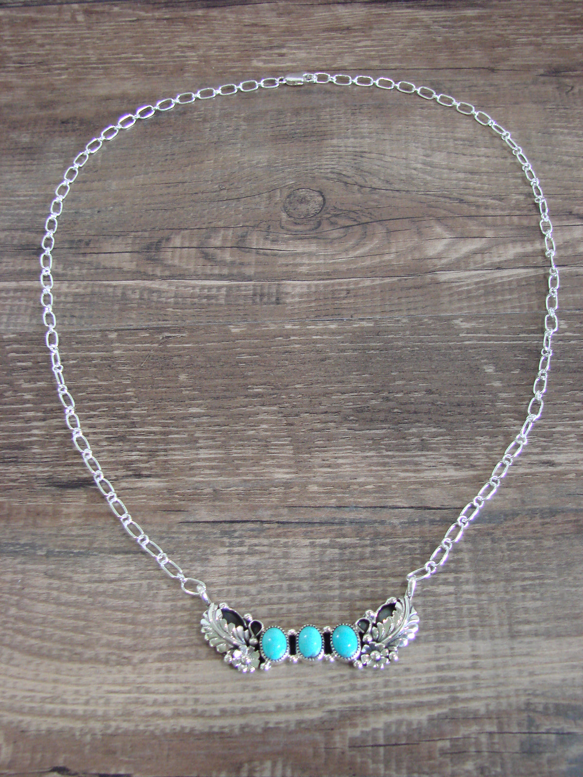 Native American Sterling Silver & Turquoise Floral Link Necklace - Burnside