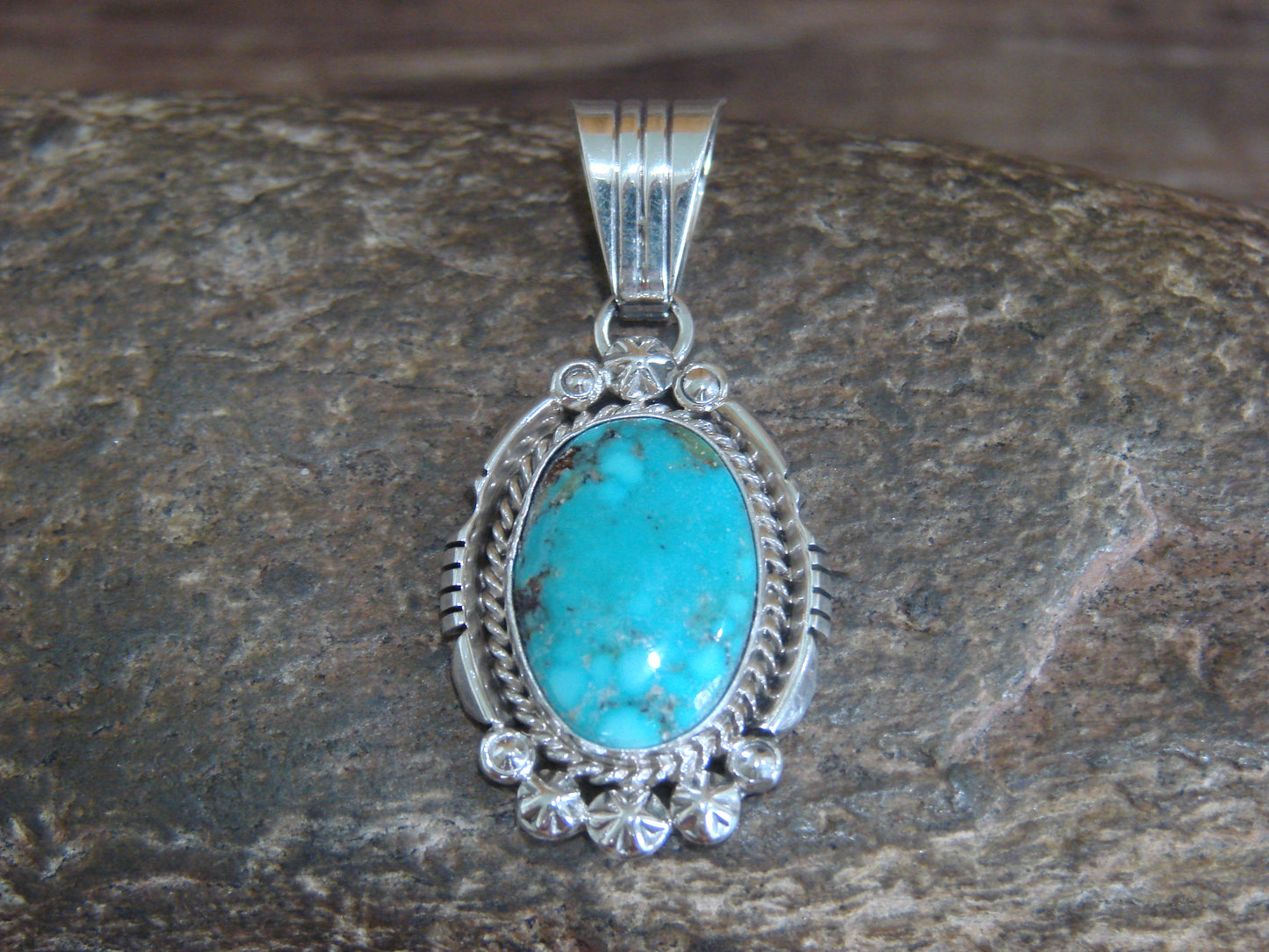 Native American Sterling Silver & Kingman Turquoise Pendant - Benally
