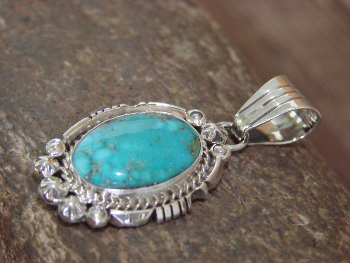 Native American Sterling Silver & Kingman Turquoise Pendant - Benally