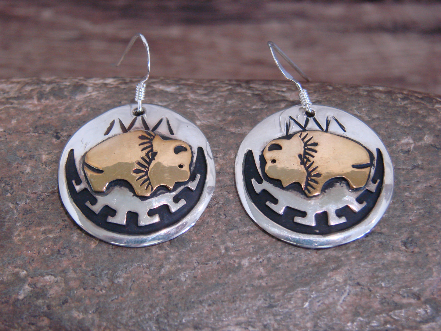 Native American Sterling Silver & Gold Fill Buffalo Dangle Earrings - Singer