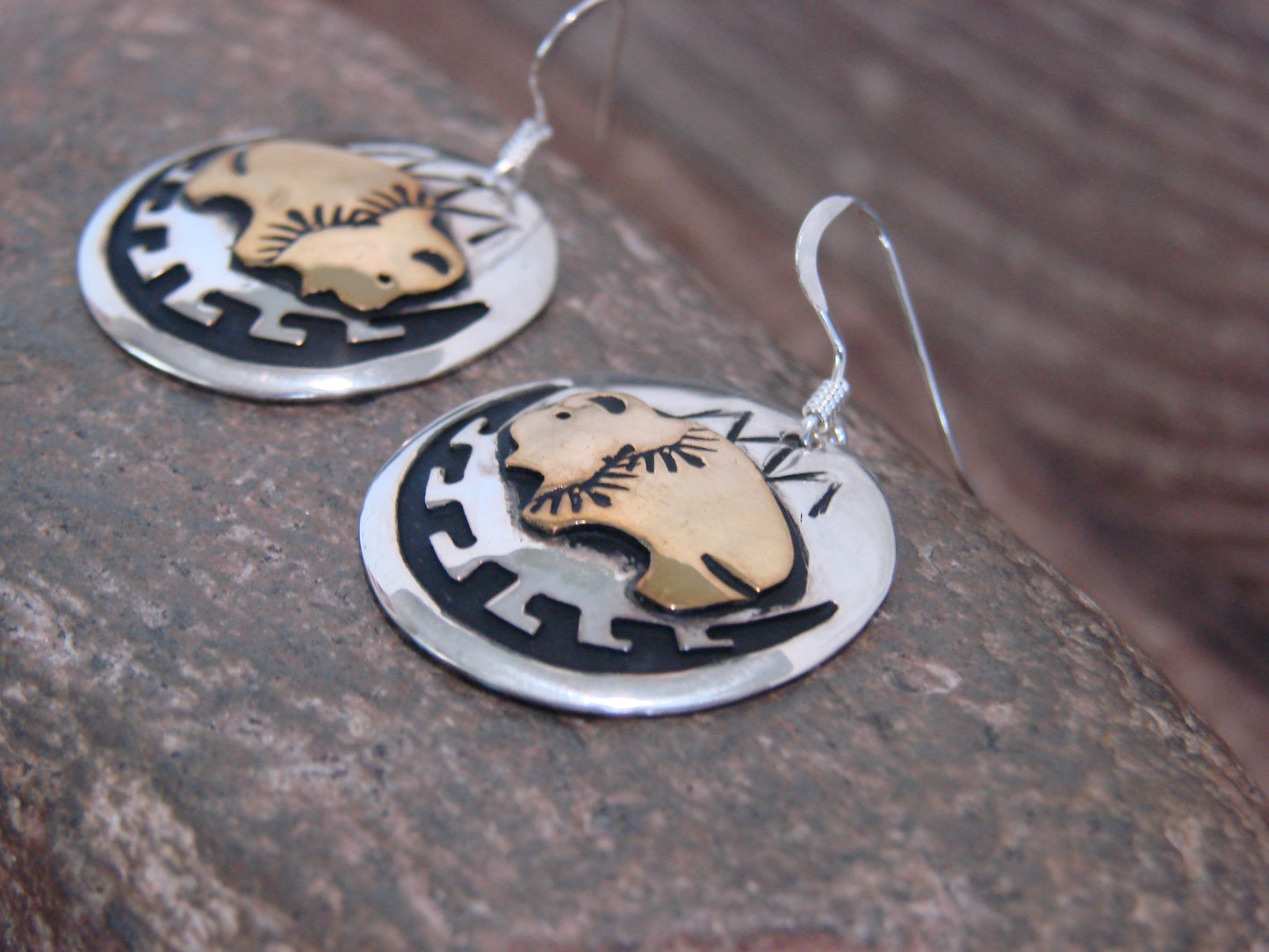 Native American Sterling Silver & Gold Fill Buffalo Dangle Earrings - Singer