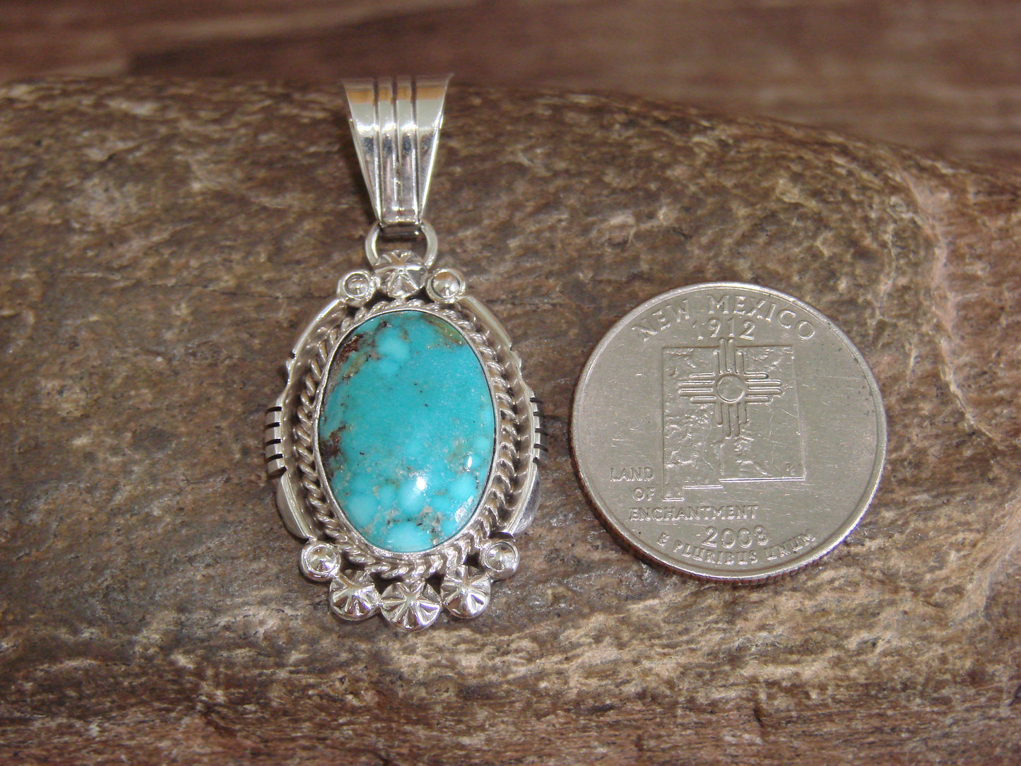 Native American Sterling Silver & Kingman Turquoise Pendant - Benally