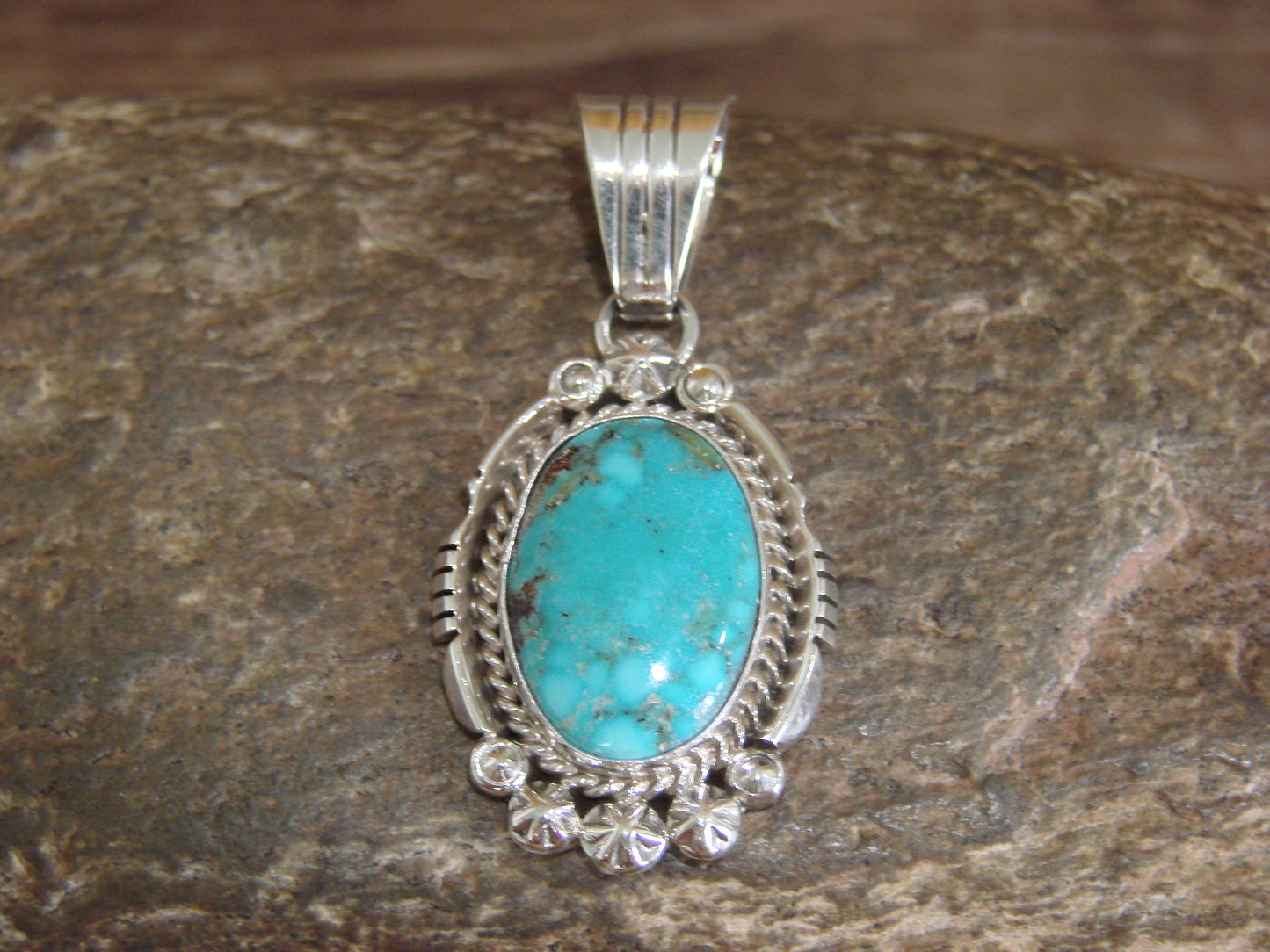 Native American Sterling Silver & Kingman Turquoise Pendant - Benally