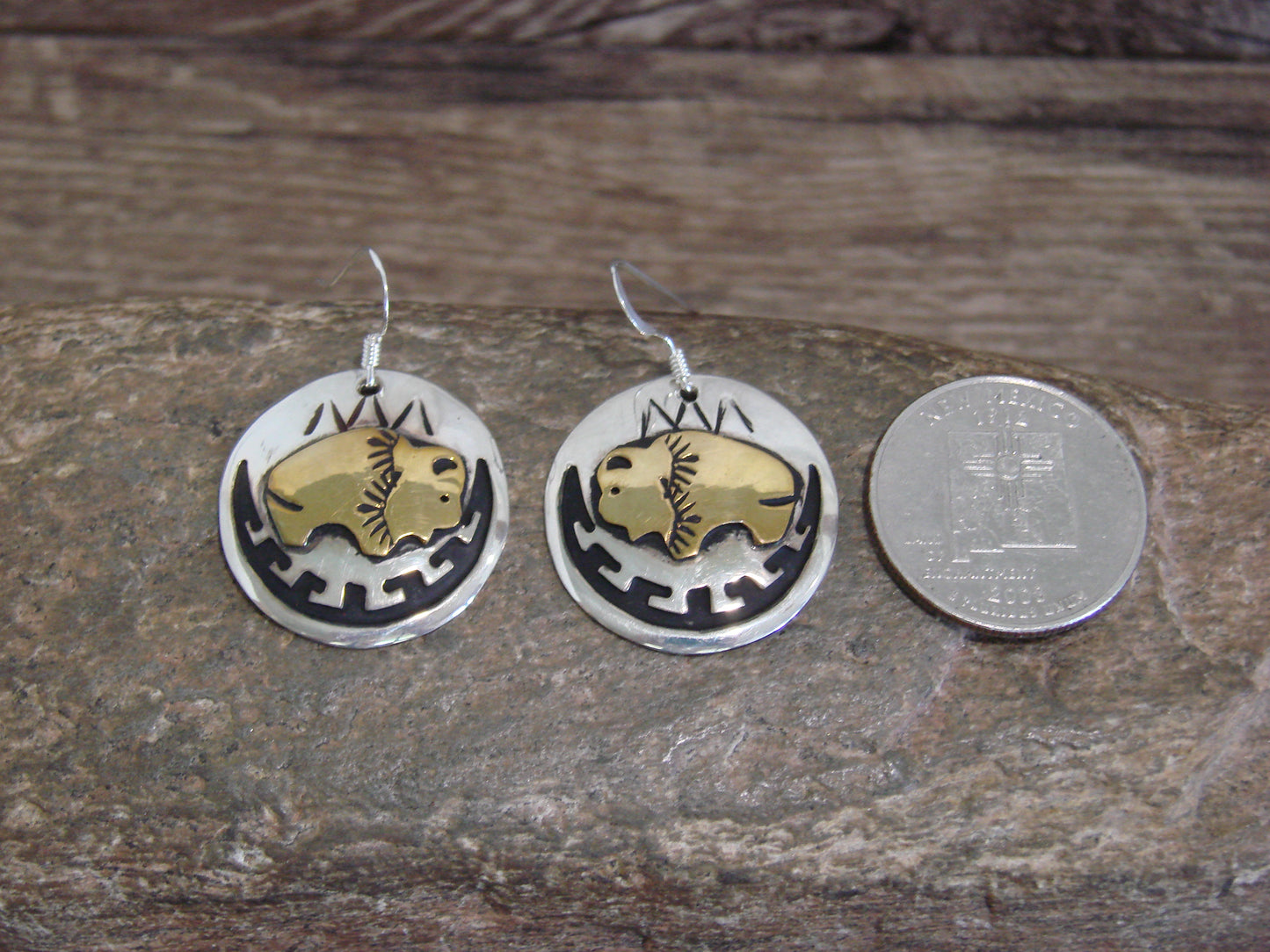 Native American Sterling Silver & Gold Fill Buffalo Dangle Earrings - Singer