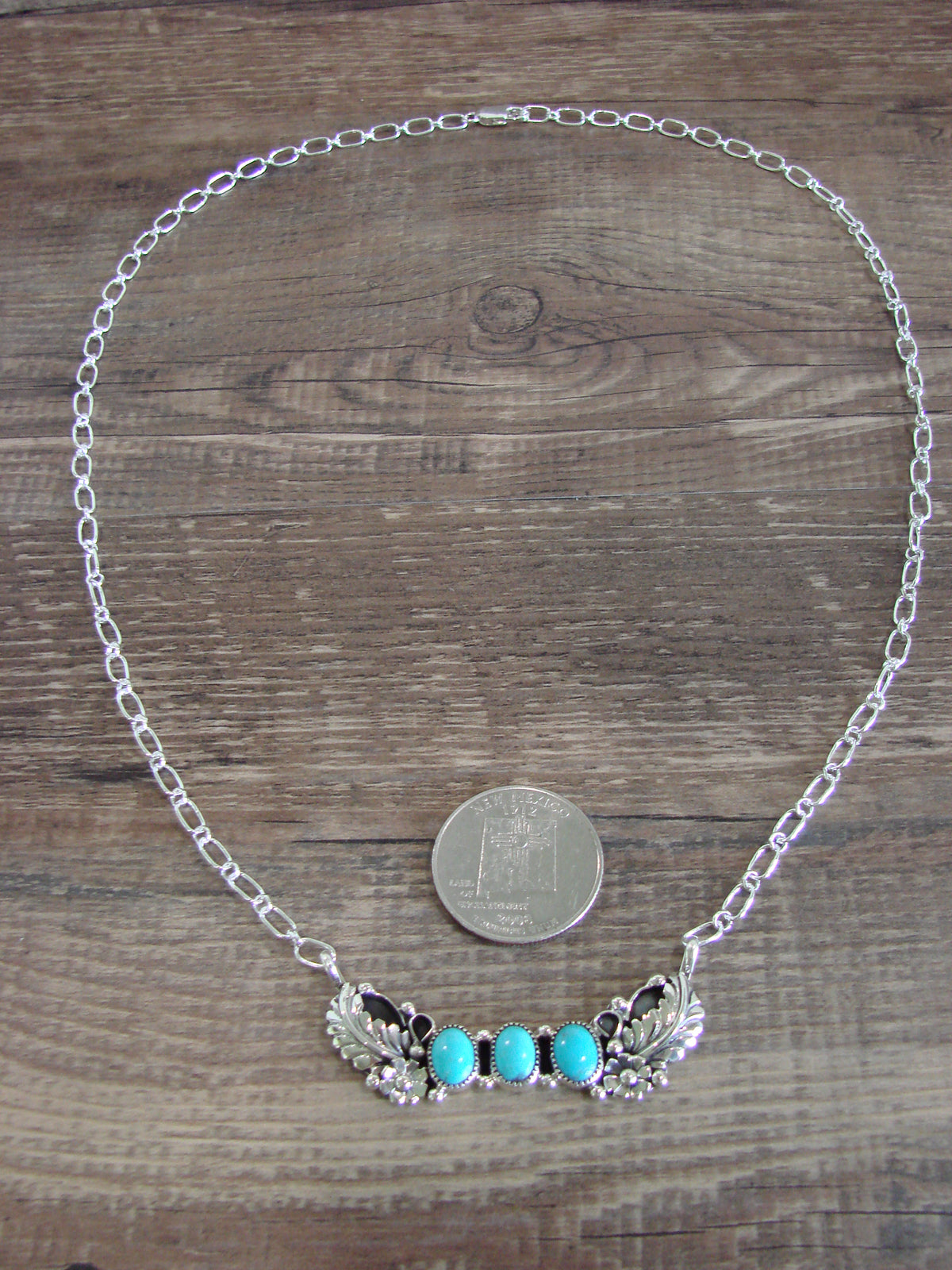 Native American Sterling Silver & Turquoise Floral Link Necklace - Burnside