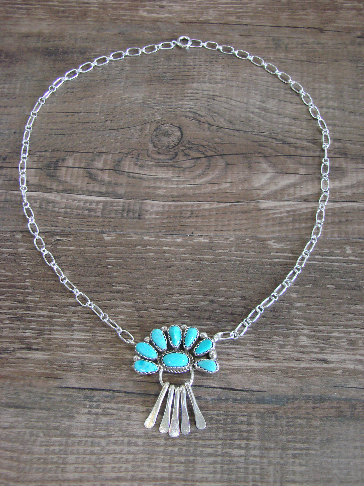 Native American Sterling Silver & Turquoise Cluster Link Necklace - Wilson