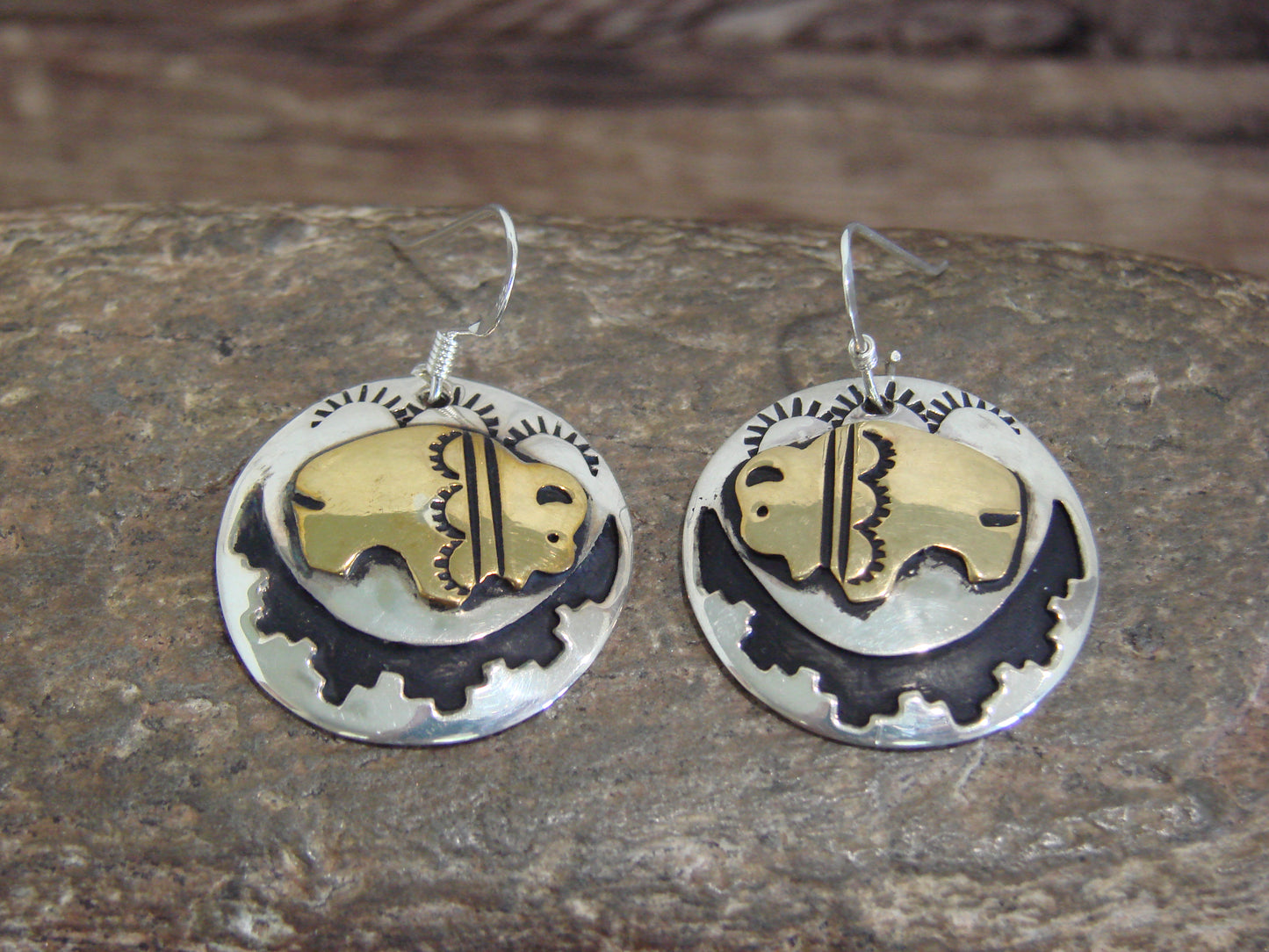 Native American Sterling Silver & Gold Fill Buffalo Dangle Earrings - Singer