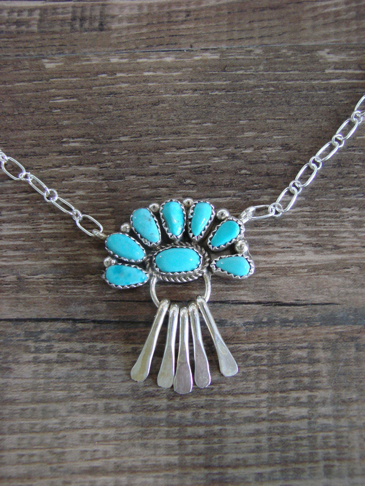 Native American Sterling Silver & Turquoise Cluster Link Necklace - Wilson