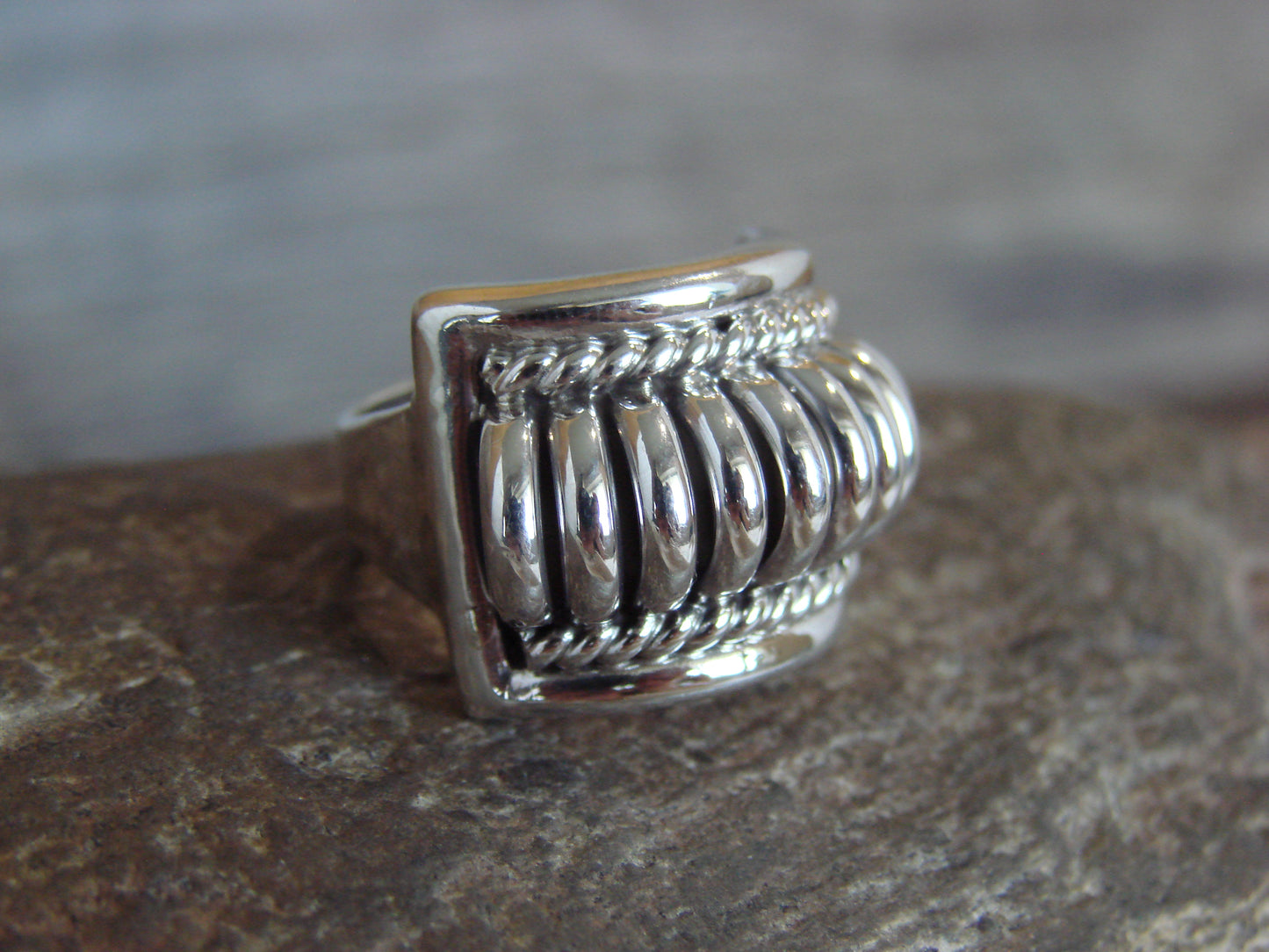 Native American Sterling Silver Ribbed Melon Ring by Thomas Charley - Size 7