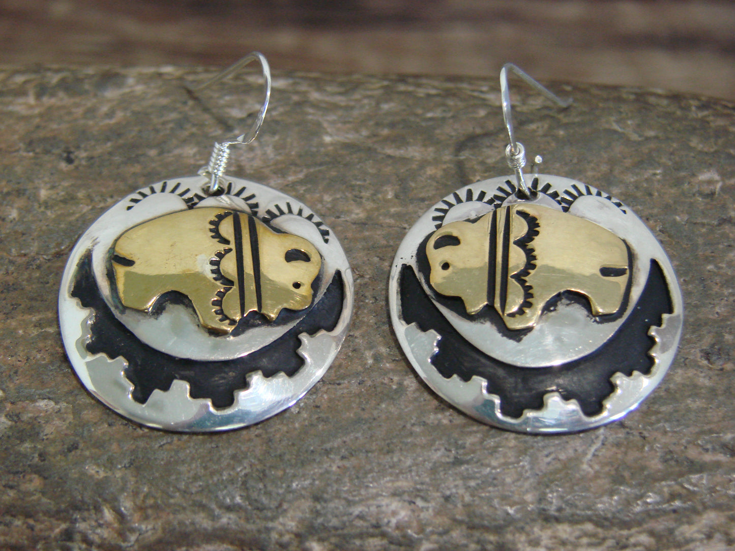 Native American Sterling Silver & Gold Fill Buffalo Dangle Earrings - Singer