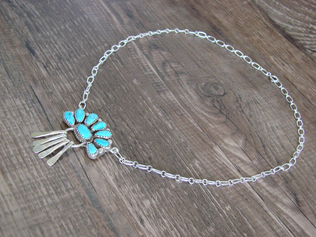 Native American Sterling Silver & Turquoise Cluster Link Necklace - Wilson
