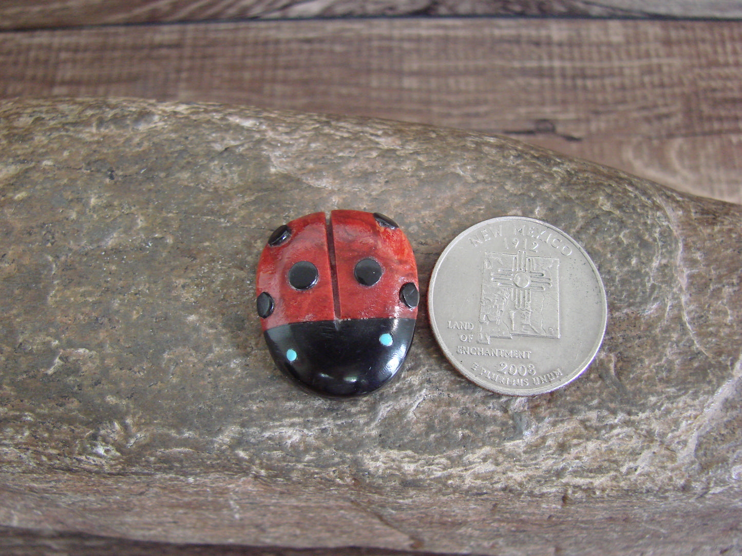 Native American Zuni Hand Carved Coral Ladybug Fetish by Lonasee