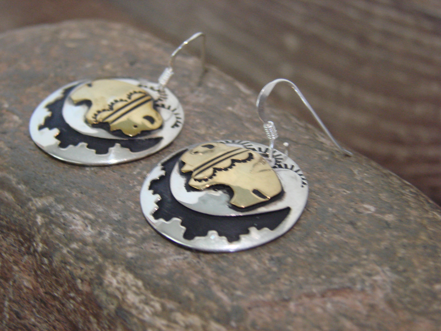 Native American Sterling Silver & Gold Fill Buffalo Dangle Earrings - Singer