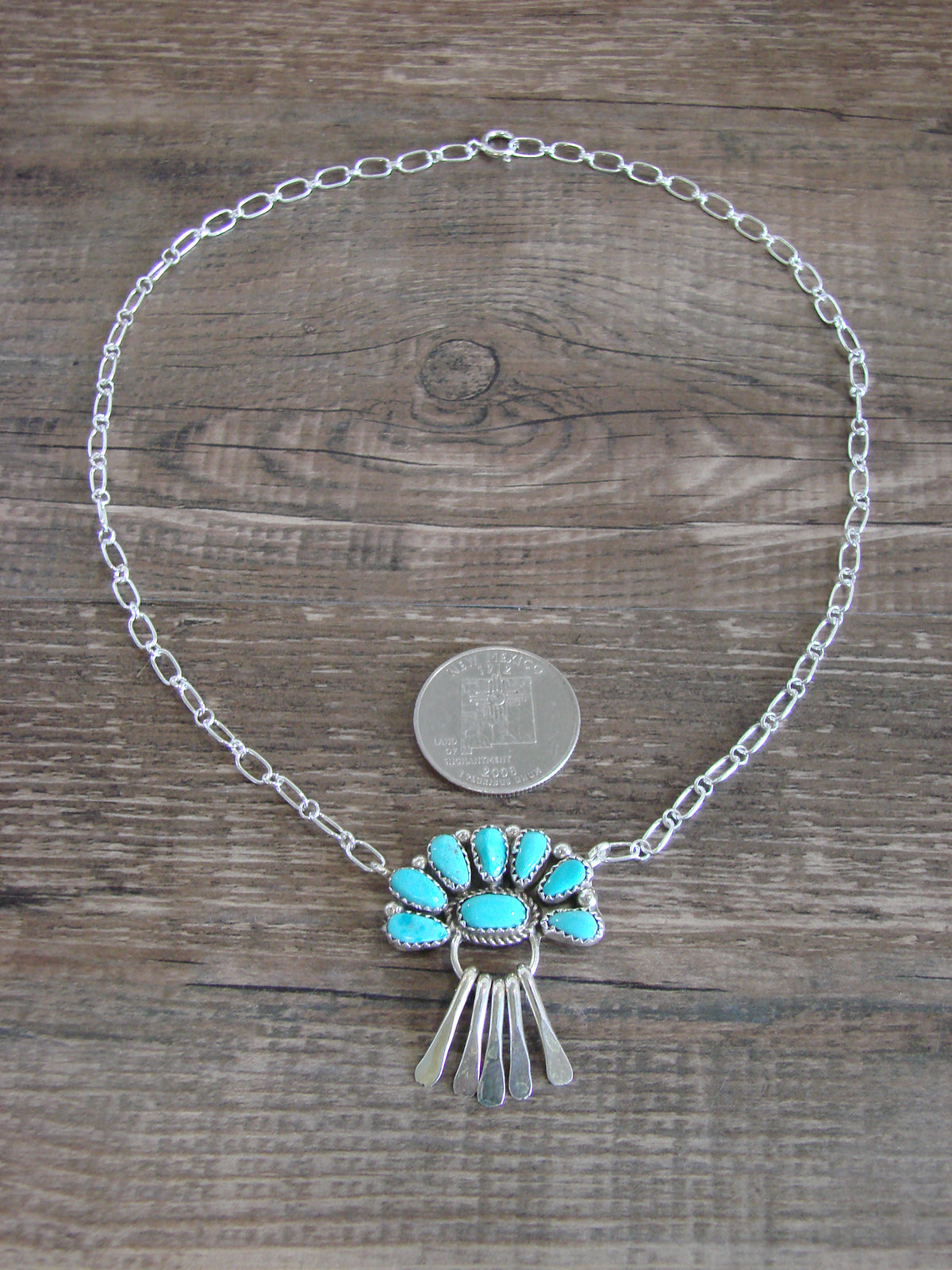 Native American Sterling Silver & Turquoise Cluster Link Necklace - Wilson