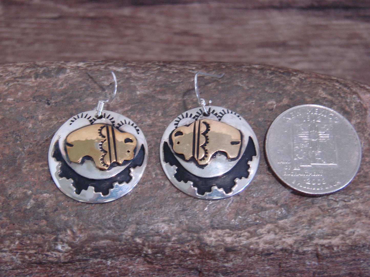 Native American Sterling Silver & Gold Fill Buffalo Dangle Earrings - Singer