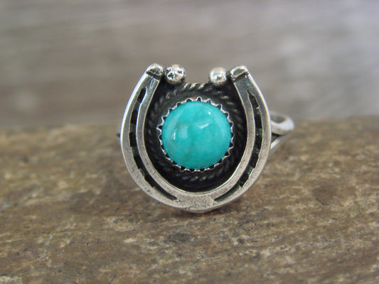 Native American Sterling Silver & Turquoise Lucky Horse Shoe Ring - Platero - Size 7