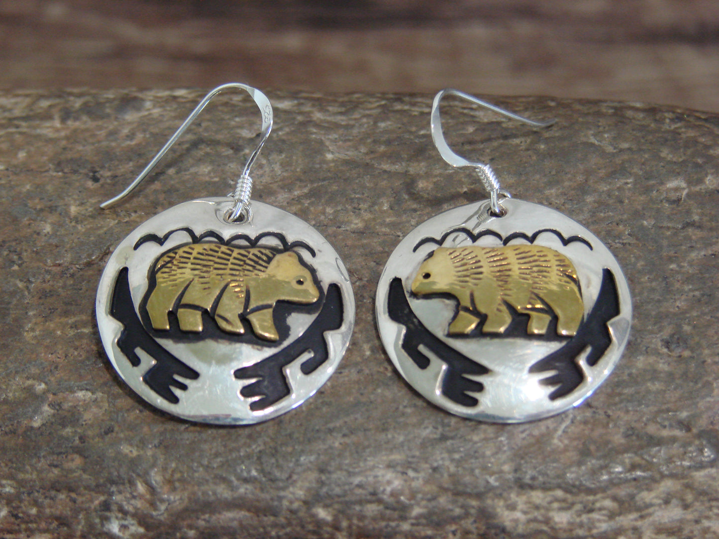 Native American Sterling Silver & Gold Fill Bear Dangle Earrings - Singer