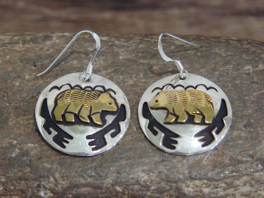 Native American Sterling Silver & Gold Fill Bear Dangle Earrings - Singer